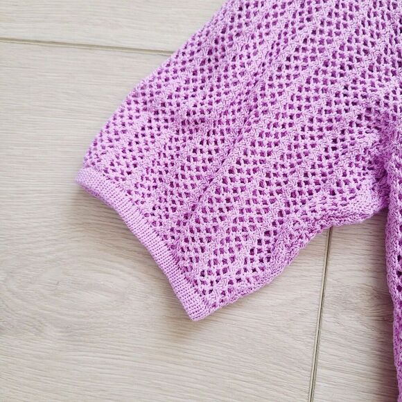 New Free People Beach Crocheted Top M Lavendar Purple Open‎ Knit Pullover - Picture 3 of 10